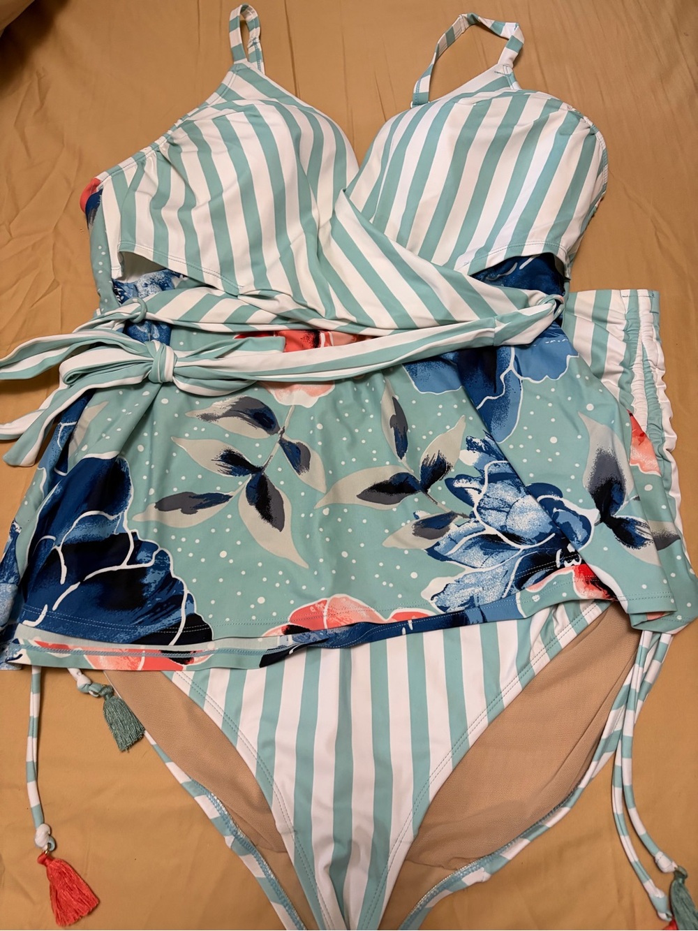 Cacique Mint & White Striped Floral Tankini w/Navy & Coral 3X Lane Bryant